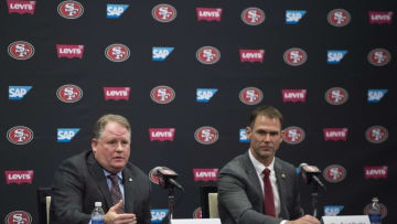 January 20, 2016; Santa Clara, CA, USA; Chip Kelly (left) and San Francisco 49ers general manager Trent Baalke (right) address the media in a press conference after naming Kelly as the new head coach for the 49ers at Levi's Stadium Auditorium. Mandatory Credit: Kyle Terada-USA TODAY Sports