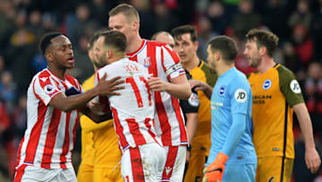 STOKE ON TRENT, ENGLAND - FEBRUARY 10: Jese of Stoke City argues with his team mates over who will take the penalty in the final moments of the game during the Premier League match between Stoke City and Brighton and Hove Albion at Bet365 Stadium on February 10, 2018 in Stoke on Trent, England. (Photo by Mark Runnacles/Getty Images)