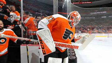 PHILADELPHIA, PA - OCTOBER 09: Brian Elliott #37 of the Philadelphia Flyers enters the ice surface for warm-ups against the San Jose Sharks on October 9, 2018 at the Wells Fargo Center in Philadelphia, Pennsylvania. (Photo by Len Redkoles/NHLI via Getty Images)