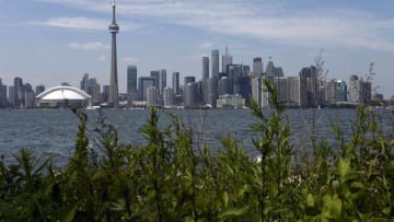 Jul 9, 2015; Toronto, Ontario, Canada; A general view of the Toronto skyline in preparation for the 2015 Pan Am Games. Mandatory Credit: John David Mercer-USA TODAY Sports