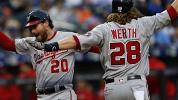 May 19, 2016; New York City, NY, USA; Washington Nationals left fielder Jayson Werth (28) and Washington Nationals second baseman Daniel Murphy (20)celebrate after Murphy