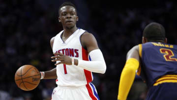 Apr 24, 2016; Auburn Hills, MI, USA; Detroit Pistons guard Reggie Jackson (1) is defended by Cleveland Cavaliers guard Kyrie Irving (2) during the second quarter in game four of the first round of the NBA Playoffs at The Palace of Auburn Hills. Mandatory Credit: Raj Mehta-USA TODAY Sports