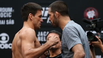 CURITIBA, BRAZIL - MAY 13: Opponents Demian Maia of Brazil and Matt Brown face off during the UFC 198 weigh-in at Arena da Baixada stadium on May 13, 2016 in Curitiba, Parana, Brazil.(Photo by Buda Mendes/Getty Images)