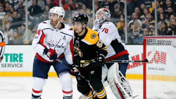 BOSTON, MA - NOVEMBER 04: Washington Capitals defenseman Brooks Orpik (44) defends against Boston Bruins center Sean Kuraly (52) in front of Washington Capitals goalie Braden Holtby (70) on the penalty kill during a game between the Boston Bruins and the Washington Capitals on November 4, 2017, at TD Garden in Boston, Massachusetts. The Capitals defeated the Bruins 3-2. (Photo by Fred Kfoury III/Icon Sportswire via Getty Images)
