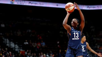 UNCASVILLE, CT - JUNE 27: Chiney Ogwumike #13 of the Connecticut Sun shoots a free throw during the game against the Indiana Fever on June 27, 2018 at Mohegan Sun Arena in Uncasville, Connecticut. NOTE TO USER: User expressly acknowledges and agrees that, by downloading and or using this photograph, User is consenting to the terms and conditions of the Getty Images License Agreement. Mandatory Copyright Notice: Copyright 2018 NBAE (Photo by Chris Marion/NBAE via Getty Images)