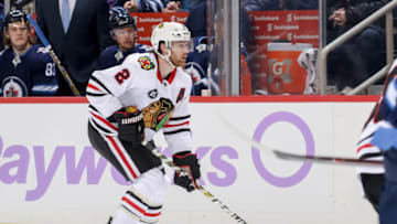 WINNIPEG, MB - NOVEMBER 29: Duncan Keith #2 of the Chicago Blackhawks follows the play down the ice during first period action against the Winnipeg Jets at the Bell MTS Place on November 29, 2018 in Winnipeg, Manitoba, Canada. The Jets defeated the Hawks 6-5. (Photo by Jonathan Kozub/NHLI via Getty Images)