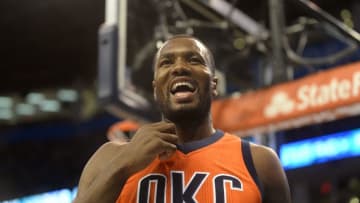 Feb 21, 2016; Oklahoma City, OK, USA; Oklahoma City Thunder forward Serge Ibaka (9) reacts after being called for a foul against the Cleveland Cavaliers during the first quarter at Chesapeake Energy Arena. Mandatory Credit: Mark D. Smith-USA TODAY Sports