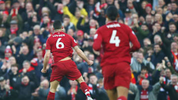 LIVERPOOL, ENGLAND - DECEMBER 26: Dejan Lovren of Liverpool (6) celebrates after scoring his team's first goal during the Premier League match between Liverpool FC and Newcastle United at Anfield on December 26, 2018 in Liverpool, United Kingdom. (Photo by Jan Kruger/Getty Images)