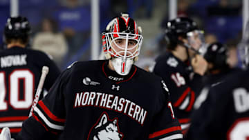 LOWELL, MA - MARCH 3: Devon Levi #1 of the Northeastern Huskies tends goal against the UMass Lowell River Hawks during NCAA men's hockey at the Tsongas Center on March 3, 2023 in Lowell, Massachusetts. The River Hawks won 3-1. (Photo by Richard T Gagnon/Getty Images)
