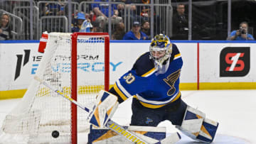 Apr 12, 2023; St. Louis, Missouri, USA; St. Louis Blues goaltender Joel Hofer (30) defends the net against the Dallas Stars during the third period at Enterprise Center. Mandatory Credit: Jeff Curry-USA TODAY Sports