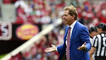 Apr 16, 2016; Tuscaloosa, AL, USA; Alabama Crimson Tide head coach Nick Saban gestures toward Julio Jones (not shown) during the annual A-day game at Bryant-Denny Stadium. Mandatory Credit: Marvin Gentry-USA TODAY Sports