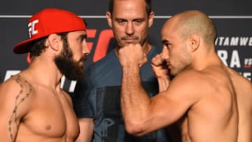 UTICA, NY - MAY 31: (L-R) Opponents Jimmie Rivera and Marlon Moraes of Brazil face off during the UFC weigh-in at the DoubleTree Hotel on May 31, 2018 in Utica, New York. (Photo by Josh Hedges/Zuffa LLC/Zuffa LLC via Getty Images)