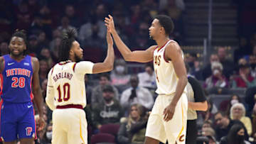 CLEVELAND, OHIO - NOVEMBER 12: Darius Garland #10 celebrates with Evan Mobley #4 of the Cleveland Cavaliers during the first quarter against the Detroit Pistons at Rocket Mortgage Fieldhouse on November 12, 2021 in Cleveland, Ohio. NOTE TO USER: User expressly acknowledges and agrees that, by downloading and/or using this photograph, user is consenting to the terms and conditions of the Getty Images License Agreement. (Photo by Jason Miller/Getty Images)