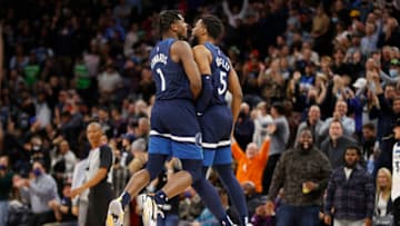 Minnesota Timberwolves forward Anthony Edwards celebrates with guard Malik Beasley. Mandatory Credit: Bruce Kluckhohn-USA TODAY Sports