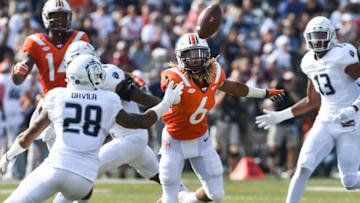 BLACKSBURG, VA - SEPTEMBER 22: Wide receiver Hezekiah Grimsley #6 of the Virginia Tech Hokies drops a tipped pass against the Old Dominion Monarchs in the first half at S. B. Ballard Stadium on September 22, 2018 in Norfolk, Virginia. (Photo by Michael Shroyer/Getty Images)