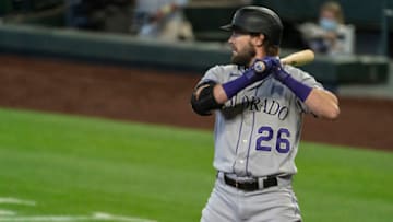 SEATTLE, WA - AUGUST 09: David Dahl #26 of the Colorado Rockies waits for a pitch during an at-bat in a game against the Seattle Mariners at T-Mobile Park on August, 9, 2020 in Seattle, Washington. The Mariners won 5-3. (Photo by Stephen Brashear/Getty Images)