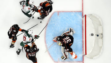 ANAHEIM, CALIFORNIA - NOVEMBER 05: John Gibson #36 of the Anaheim Ducks in goal during a 4-2 loss to the Minnesota Wild at Honda Center on November 05, 2019 in Anaheim, California. (Photo by Harry How/Getty Images)