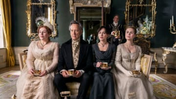 Persuasion. (L to R) Lydia Rose Bewley as Penelope Clay, Richard E. Grant as Sir Walter Elliot, Dakota Johnson as Anne Elliot, Yolanda Kettle as Elizabeth Elliot in Persuasion. Cr. Nick Wall/Netflix © 2022