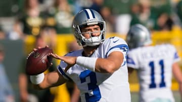Oct 16, 2016; Green Bay, WI, USA; Dallas Cowboys quarterback Mark Sanchez (3) during warmups prior to the game against the Green Bay Packers at Lambeau Field. Dallas won 30-16. Mandatory Credit: Jeff Hanisch-USA TODAY Sports