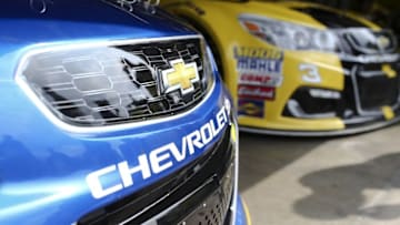 Aug 27, 2016; Brooklyn, MI, USA; A detailed view of the Chevrolet emblem on the car of Sprint Cup Series driver Chase Elliott, in the garage during practice for the Pure Michigan 400 at Michigan International Speedway. Mandatory Credit: Aaron Doster-USA TODAY Sports