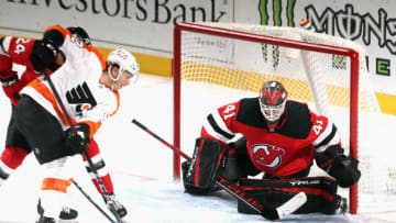 NEWARK, NEW JERSEY - JANUARY 26: Scott Wedgewood #41 of the New Jersey Devils skates against the Philadelphia Flyers at the Prudential Center on January 26, 2021 in Newark, New Jersey. (Photo by Bruce Bennett/Getty Images)