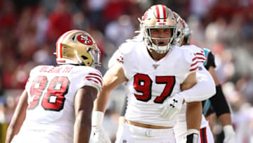 SANTA CLARA, CALIFORNIA - OCTOBER 27: Nick Bosa #97 of the San Francisco 49ers celebrates after sacking Kyle Allen #7 of the Carolina Panthers (not pictured) during the first quarter at Levi's Stadium on October 27, 2019 in Santa Clara, California. (Photo by Ezra Shaw/Getty Images)