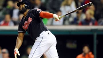 Oct 2, 2015; Cleveland, OH, USA; Cleveland Indians center fielder Abraham Almonte (35) hits an RBI single during the fifth inning against the Boston Red Sox at Progressive Field. Mandatory Credit: Ken Blaze-USA TODAY Sports