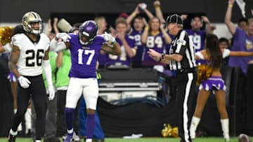 MINNEAPOLIS, MN - JANUARY 14: Jarius Wright #17 of the Minnesota Vikings celebrates after picking up a first down in the first quarter of the NFC Divisional Playoff game against the New Orleans Saints on January 14, 2018 at U.S. Bank Stadium in Minneapolis, Minnesota. (Photo by Hannah Foslien/Getty Images)