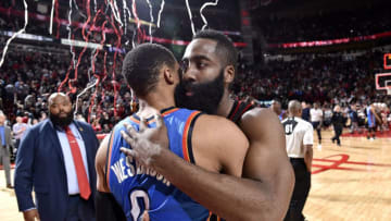 HOUSTON, TX - JANUARY 5: James Harden #13 of the Houston Rockets shares a hug with Russell Westbrook #0 of the Oklahoma City Thunder after the game on January 5, 2017 at the Toyota Center in Houston, Texas. NOTE TO USER: User expressly acknowledges and agrees that, by downloading and or using this photograph, User is consenting to the terms and conditions of the Getty Images License Agreement. Mandatory Copyright Notice: Copyright 2017 NBAE (Photo by Bill Baptist/NBAE via Getty Images)