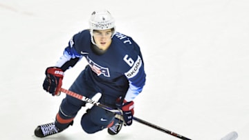 KOSICE, SLOVAKIA - MAY 15: Jack Hughes #6 of USA in action during the 2019 IIHF Ice Hockey World Championship Slovakia group A game between United States and Great Britain at Steel Arena on May 15, 2019 in Kosice, Slovakia. (Photo by Lukasz Laskowski/PressFocus/MB Media/Getty Images)