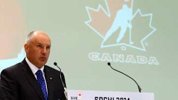 TORONTO, ON - JANUARY 7: Doug Armstrong announces the Roster of the Canadian Men's Olympic Hockey team at the Mastercard Centre ahead of the Sochi Winter Olympics January 7, 2014 in Toronto, Ontario, Canada. (Photo by Abelimages/Getty Images)