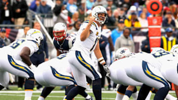 FOXBORO, MA - OCTOBER 29: Philip Rivers #17 of the Los Angeles Chargers reacts at the line of scrimmage during the first quarter of a game against the New England Patriots at Gillette Stadium on October 29, 2017 in Foxboro, Massachusetts. (Photo by Jim Rogash/Getty Images)