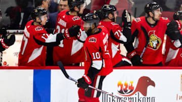 OTTAWA, ON - DECEMBER 14: Ottawa Senators Right Wing Anthony Duclair (10) skates by the bench to celebrate a goal during first period National Hockey League action between the Columbus Blue Jackets and Ottawa Senators on December 14, 2019, at Canadian Tire Centre in Ottawa, ON, Canada. (Photo by Richard A. Whittaker/Icon Sportswire via Getty Images)