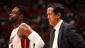 MIAMI, FL - OCTOBER 29: Erik Spoelstra of the Miami Heat looks on during the game against the Sacramento Kings on October 29, 2018 at American Airlines Arena in Miami, Florida. NOTE TO USER: User expressly acknowledges and agrees that, by downloading and or using this Photograph, user is consenting to the terms and conditions of the Getty Images License Agreement. Mandatory Copyright Notice: Copyright 2018 NBAE (Photo by Issac Baldizon/NBAE via Getty Images)