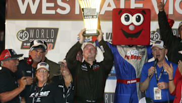 LAS VEGAS, NEVADA - SEPTEMBER 13: Austin Hill, driver of the #16 Gunma Toyopet Toyota, celebrates after winning the NASCAR Gander Outdoor Truck Series World of Westgate Las Vegas 200 at Las Vegas Motor Speedway on September 13, 2019 in Las Vegas, Nevada. (Photo by Matt Sullivan/Getty Images)