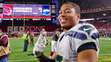Jan 3, 2016; Glendale, AZ, USA; Seattle Seahawks wide receiver Tyler Lockett (16) celebrates after beating the Arizona Cardinals 36-6 at University of Phoenix Stadium. Mandatory Credit: Matt Kartozian-USA TODAY Sports