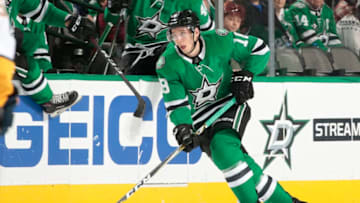 DALLAS, TX - NOVEMBER 10: Tyler Pitlick #18 of the Dallas Stars handles the puck against the Nashville Predators at the American Airlines Center on November 10, 2018 in Dallas, Texas. (Photo by Glenn James/NHLI via Getty Images)