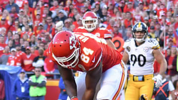 Pittsburgh Steelers strong safety Sean Davis pulls the ball out of the hands of Kansas City Chiefs tight end Demetrius Harris on a fourth down pass into the end zone in the fourth quarter on Sunday, Oct. 15, 2017 at Arrowhead Stadium in Kansas City, Mo. (John Sleezer/Kansas City Star/TNS via Getty Images)