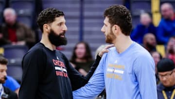 Nov 22, 2016; Denver, CO, USA; Chicago Bulls forward Nikola Mirotic (L) and Denver Nuggets center Jusuf Nurkic (R) greet each other before the game at the Pepsi Center. Mandatory Credit: Isaiah J. Downing-USA TODAY Sports