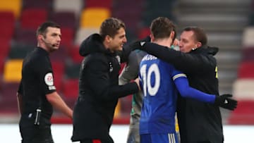 Brendan Rodgers, Manager of Leicester City embraces James Maddison (Photo by Clive Rose/Getty Images)