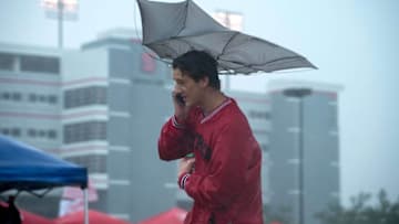Oct 8, 2016; Raleigh, NC, USA; North Carolina State student Reed Richmond stands in the parking lot before the game between the North Carolina State Wolfpack and the Notre Dame Fighting Irish at Carter-Finley Stadium. Mandatory Credit: Matt Cashore-USA TODAY Sports
