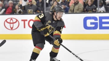 LAS VEGAS, NV - JANUARY 25: Brendan Leipsic #13 of the Vegas Golden Knights skates with the puck against the New York Islanders during the game at T-Mobile Arena on January 25, 2018 in Las Vegas, Nevada. (Photo by David Becker/NHLI via Getty Images)