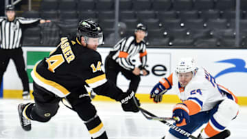 Apr 16, 2021; Boston, Massachusetts, USA; Boston Bruins right wing Chris Wagner (14) shoots the puck while New York Islanders defenseman Scott Mayfield (24) defends during the second period at TD Garden. Mandatory Credit: Bob DeChiara-USA TODAY Sports