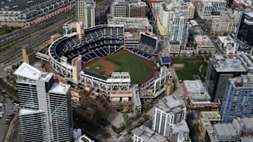 SAN DIEGO, CA - MARCH 20: An aerial view of Petco Park stadium on March 20, 2020 in San Diego, California. Major League Baseball has postponed the beginning of the 2020 season due to the coronavirus (COVID-19) pandemic. Photo by Sean M. Haffey/Getty Images)