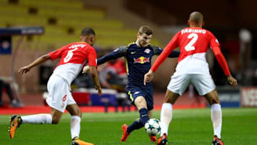 MONACO - NOVEMBER 21: Timo Werner of RB Leipzig takes on Jorge and Fabinho of AS Monaco FC during the UEFA Champions League group G match between AS Monaco and RB Leipzig at Stade Louis II on November 21, 2017 in Monaco, Monaco. (Photo by Michael Steele/Getty Images)