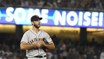 Aug 23, 2016; Los Angeles, CA, USA; San Francisco Giants starting pitcher Madison Bumgarner (40) on the mound against the Los Angeles Dodgers at Dodger Stadium. Mandatory Credit: Richard Mackson-USA TODAY Sports