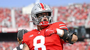 COLUMBUS, OHIO - OCTOBER 22: Tight end Cade Stover #8 of the Ohio State Buckeyes celebrates a first quarter catch against theIowa Hawkeyes at Ohio Stadium on October 22, 2022 in Columbus, Ohio. (Photo by Gaelen Morse/Getty Images)