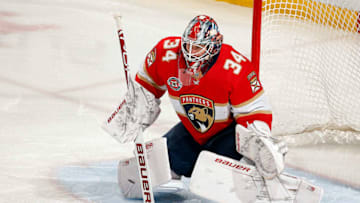 SUNRISE, FL - FEBRUARY 5: Goaltender James Reimer #34 of the Florida Panthers defends the net against the St. Louis Blues at the BB&T Center on February 5, 2019 in Sunrise, Florida. (Photo by Eliot J. Schechter/NHLI via Getty Images)