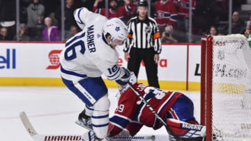 MONTREAL, QC - APRIL 06: Mitchell Marner #16 of the Toronto Maple Leafs is stopped by goaltender Charlie Lindgren #39 of the Montreal Canadiens in a shootout during the NHL game at the Bell Centre on April 6, 2019 in Montreal, Quebec, Canada. The Montreal Canadiens defeated the Toronto Maple Leafs 6-5 in a shootout. (Photo by Minas Panagiotakis/Getty Images)