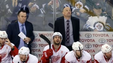 Dec 6, 2016; Winnipeg, Manitoba, CAN; Detroit Red Wings head coach Jeff Blashill reacts to the screen during the second period against the Winnipeg Jets at MTS Centre. Mandatory Credit: Bruce Fedyck-USA TODAY Sports